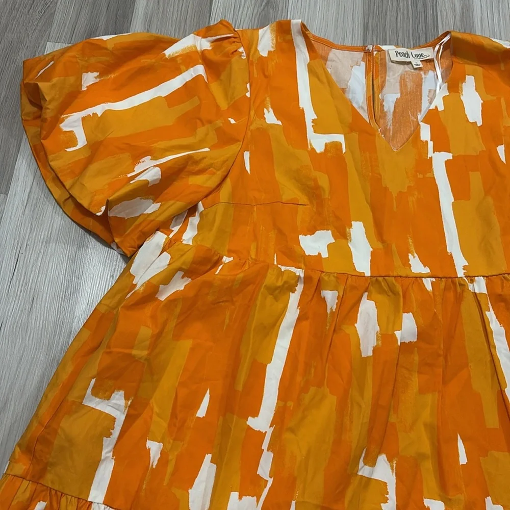Peach Love‎ Tiered V Neck Orange White Dress Size L NWOT